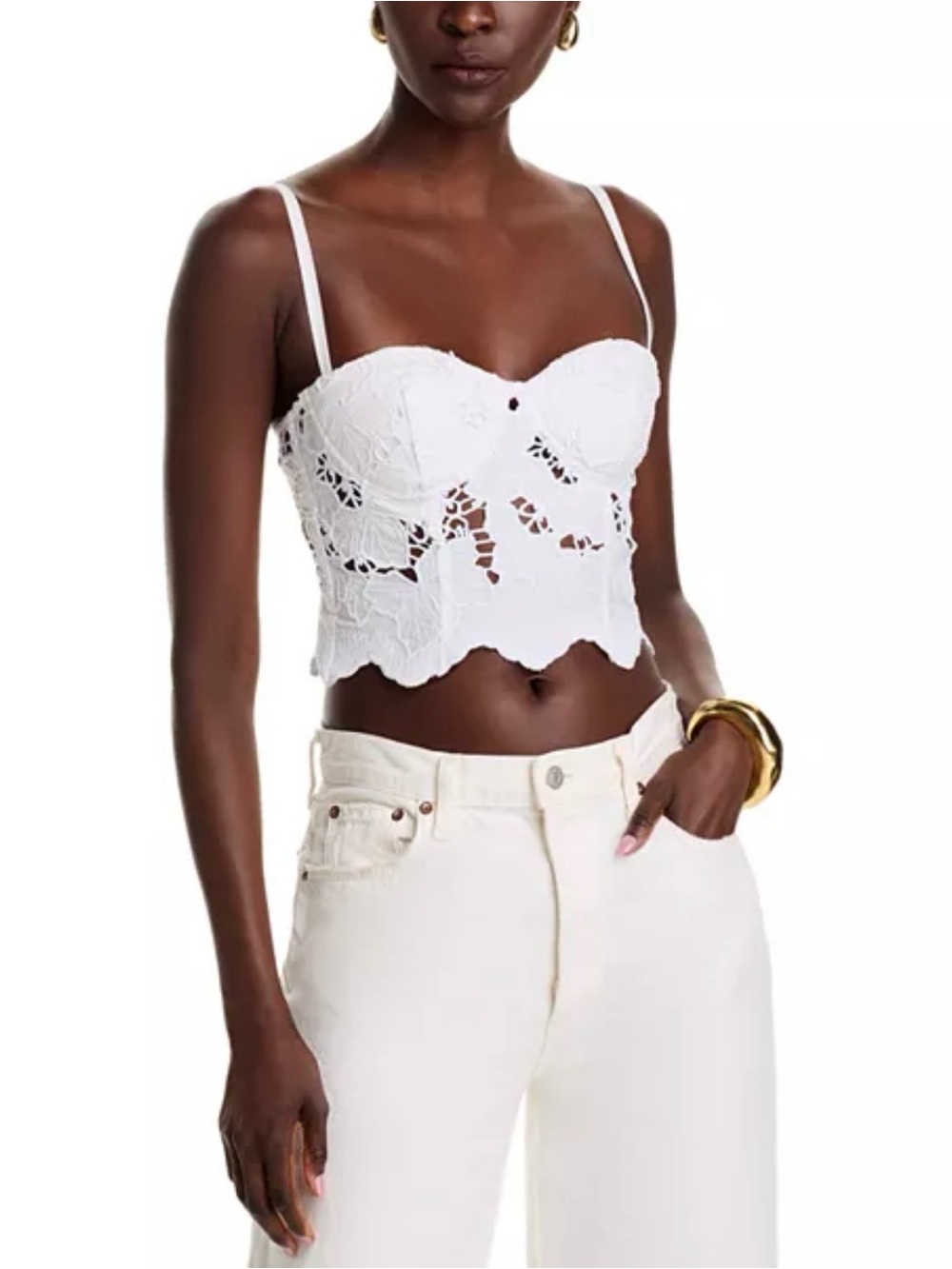 L'AGENCE White Lace Bustier Camisole with Scalloped Hem